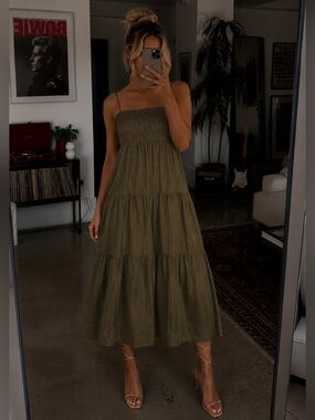 Shona Joy Bruna Forest Green Linen Blend Open Back Shirred Midi Dress Womens 10